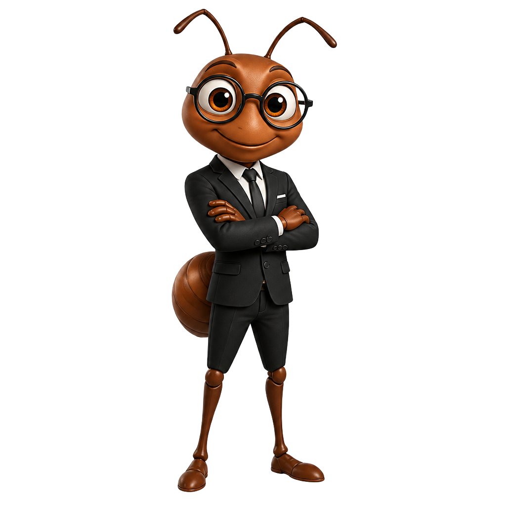 Quant, an ant in a black suit and round glasses